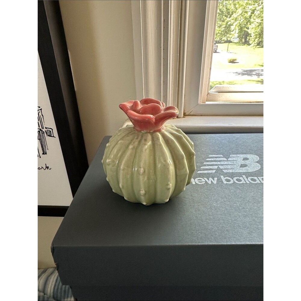 Ceramic Cactus Decorative Trinket with Pink Flower Accent